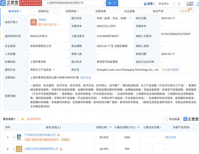 聚石化学于上海投资设立新公司,含生物基材料制造业务